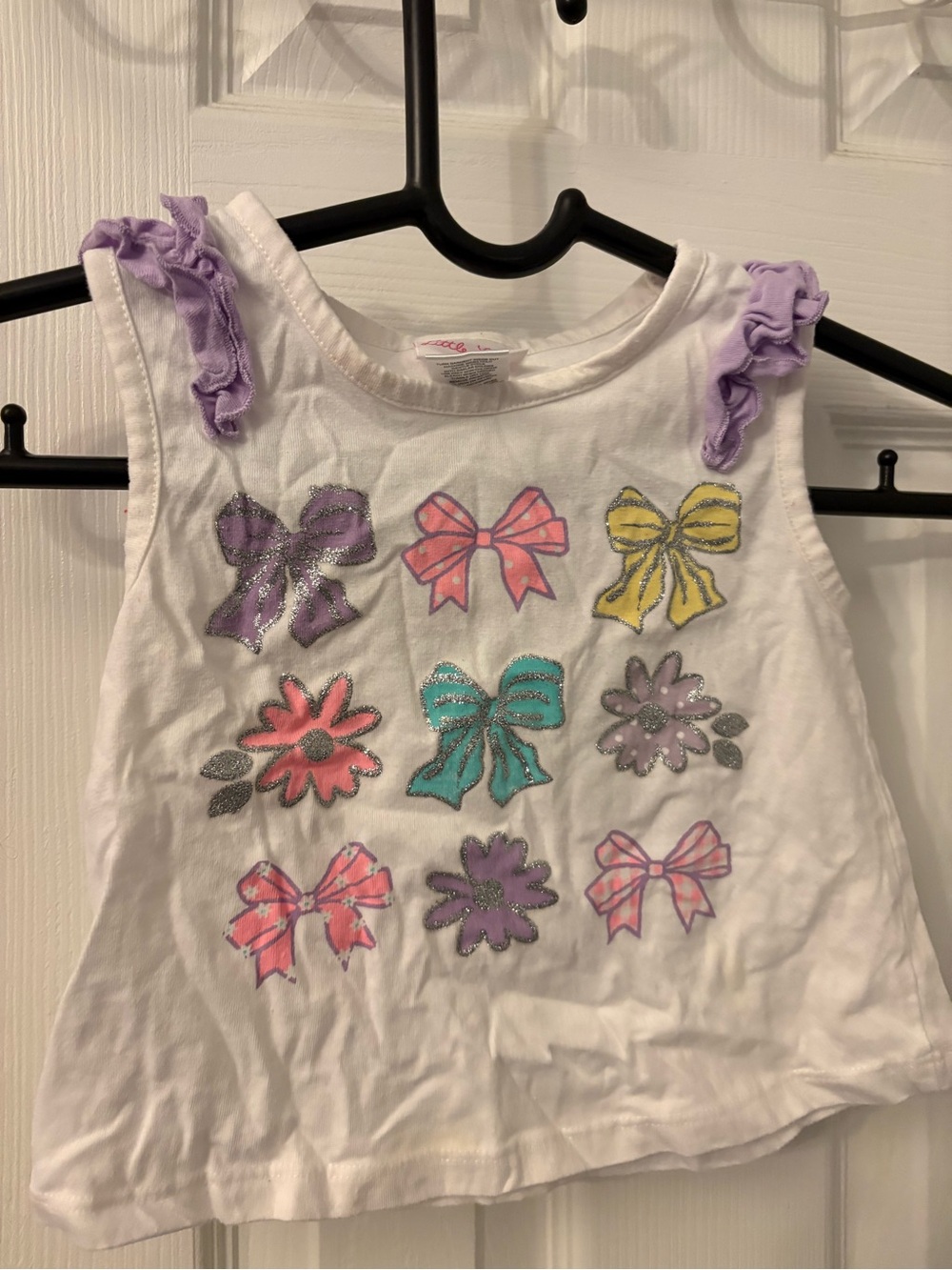 Little Lass White Tank Top with Pastel Bows and Lavender Ruffle Shoulders